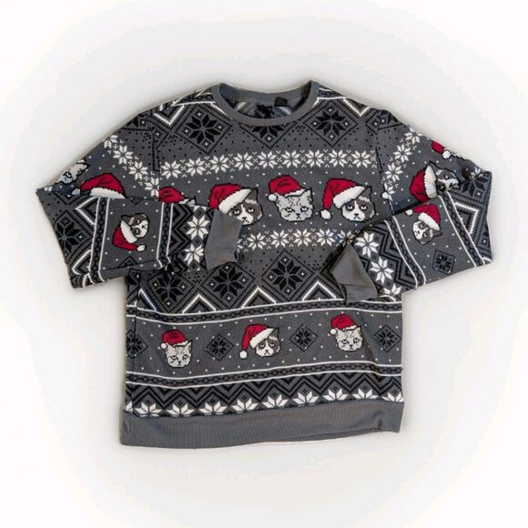 Grumpy Cat Christmas Sweater Ugly Xmas Party Jumper Gray Red Santa Hat Men’s XL - Picture 1 of 11